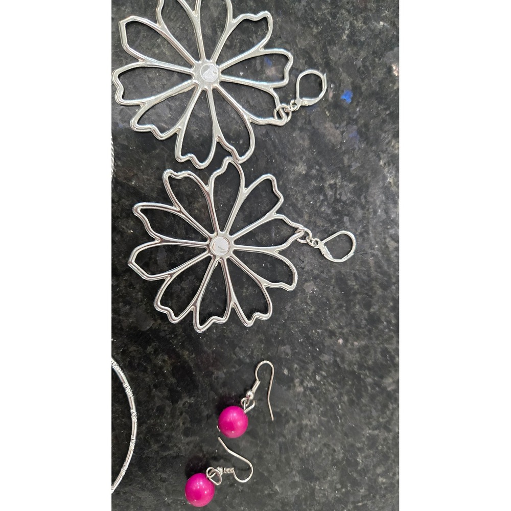 Silver Tone Flower & Pink Bead Earrings with Textured Bangle Bracelet Set 8pc